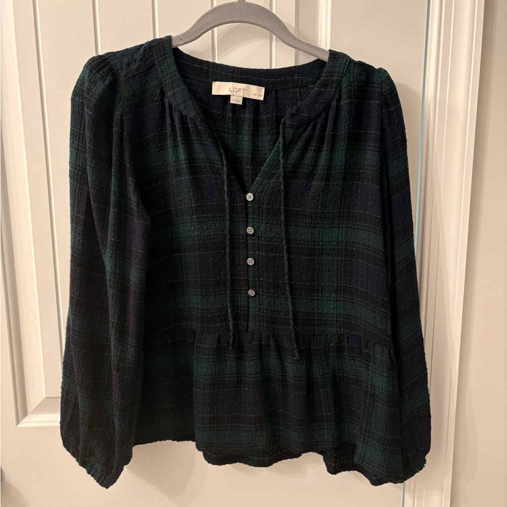 LOFT Dark Plaid Button-Front Blouse